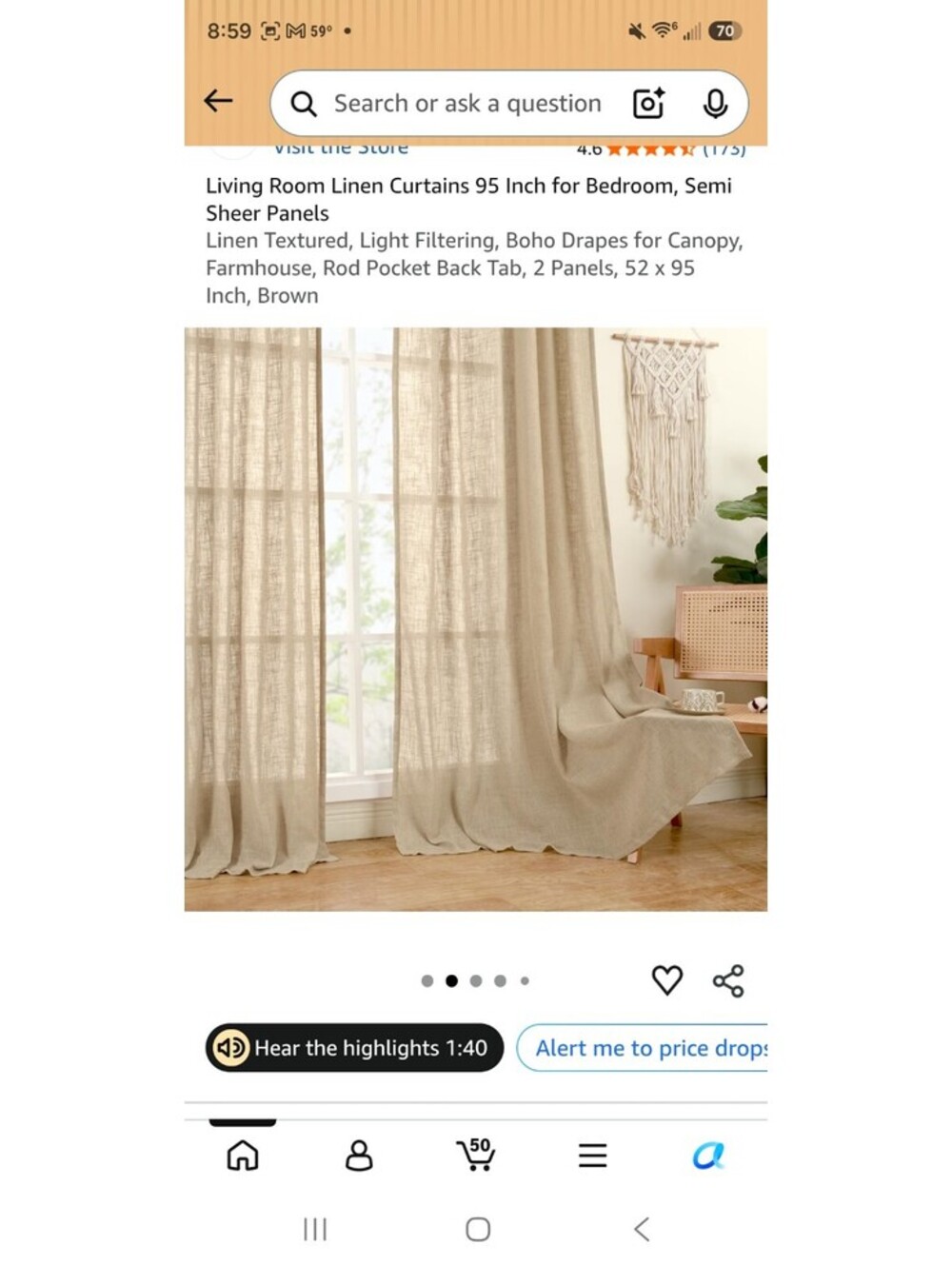 Living Room Linen Curtains 95 Inch for Bedroom, Semi Sheer Panels, Brown